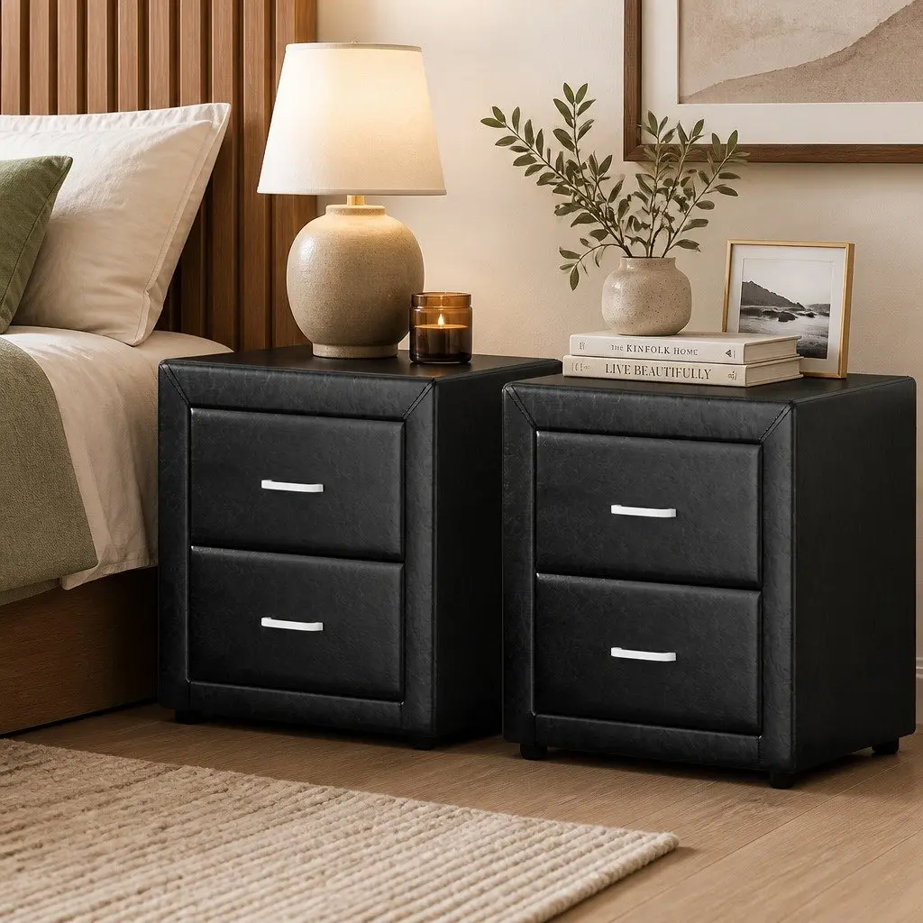 Bedside Table Modern 2 Drawers Black PVC Leather Storage Furniture