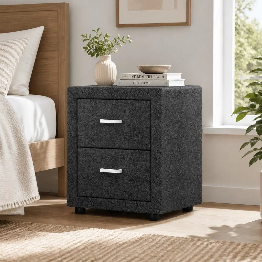 Bedside Table 2 Drawers Charcoal Fabric Modern Bedroom Storage Side Table