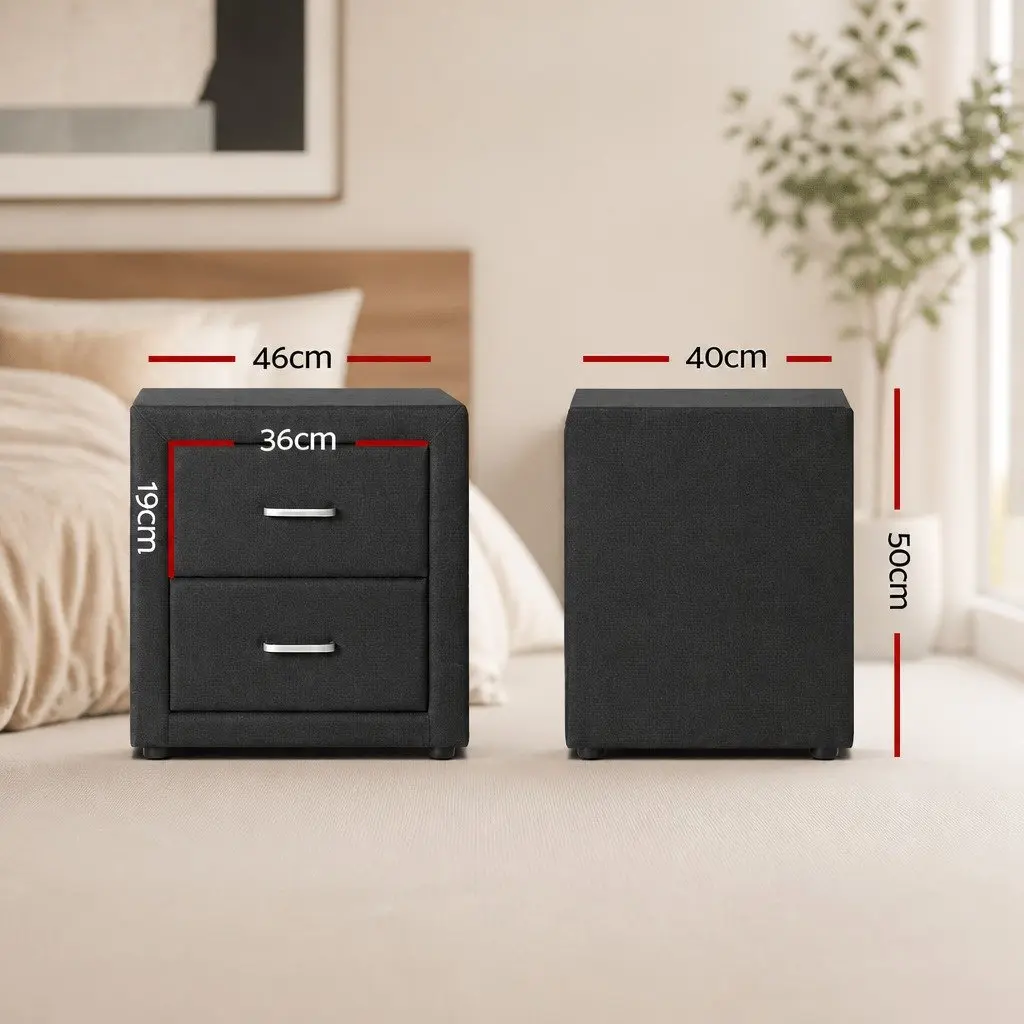 Bedside Table 2 Drawers Charcoal Faux Linen Modern Bedroom Side Table Storage