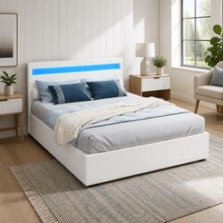 Double Bed Frame Gas Lift Storage White LED Headboard Bedroom Furniture