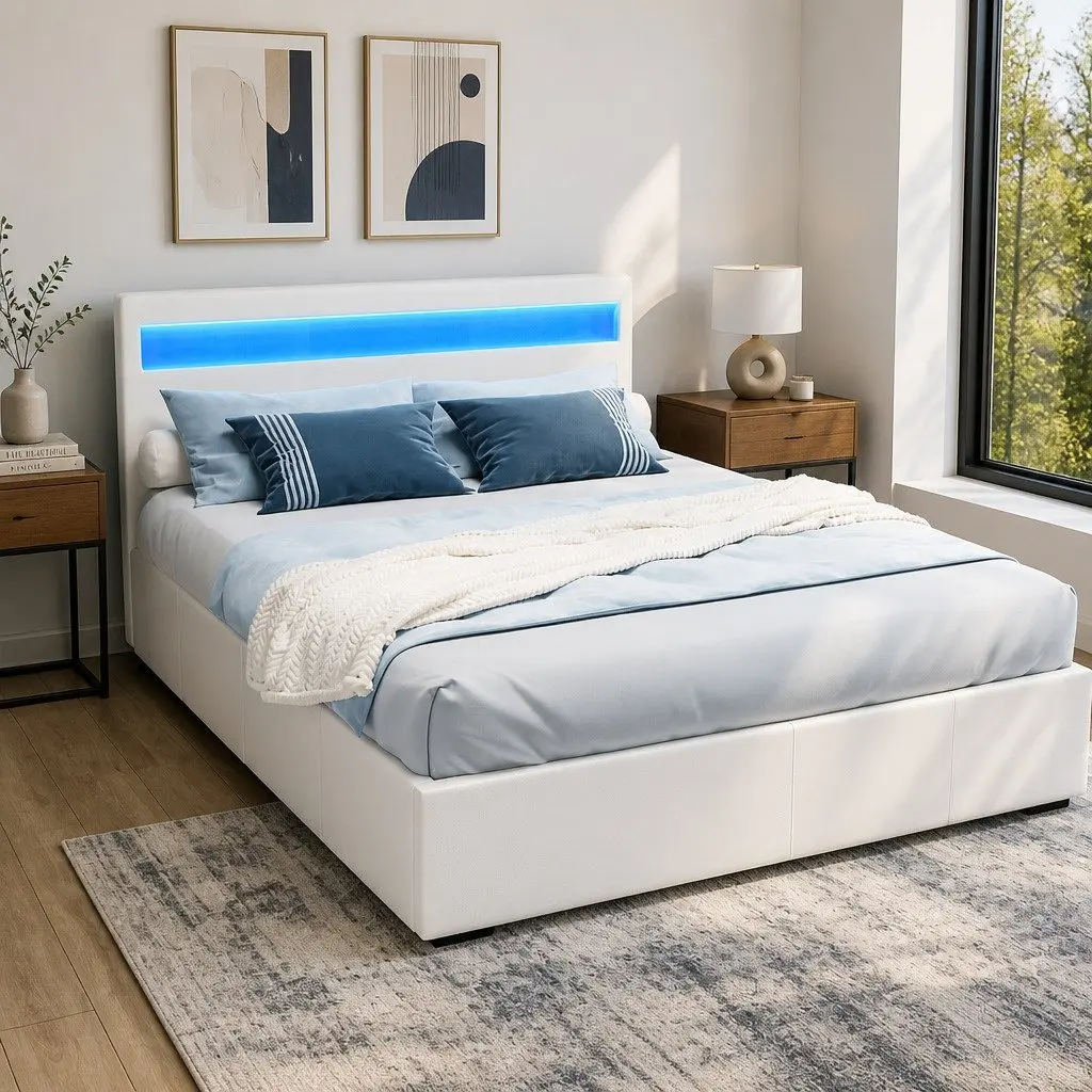 Queen Size Gas Lift Storage Bed Frame with LED Headboard White Upholstered