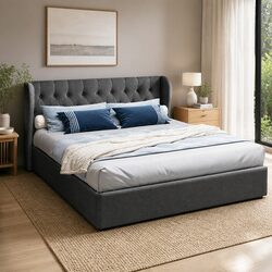 King Size Gas Lift Bed Frame with Tufted Headboard Storage Charcoal