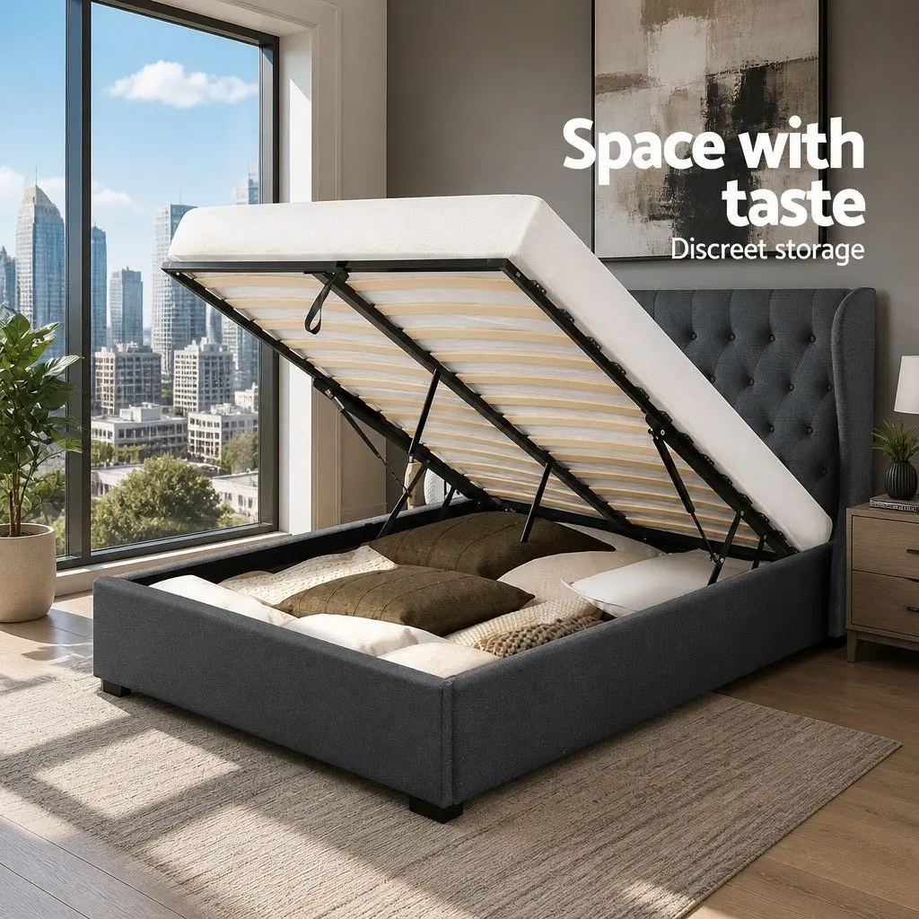 Queen Size Gas Lift Bed Frame with Storage Upholstered Headboard Charcoal