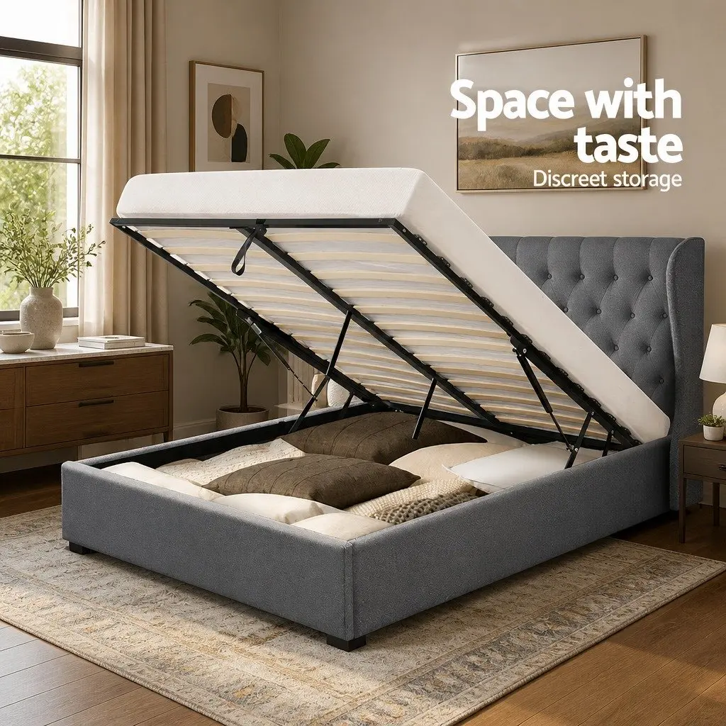 Queen Size Gas Lift Bed Frame with Storage Upholstered Padded Headboard Grey