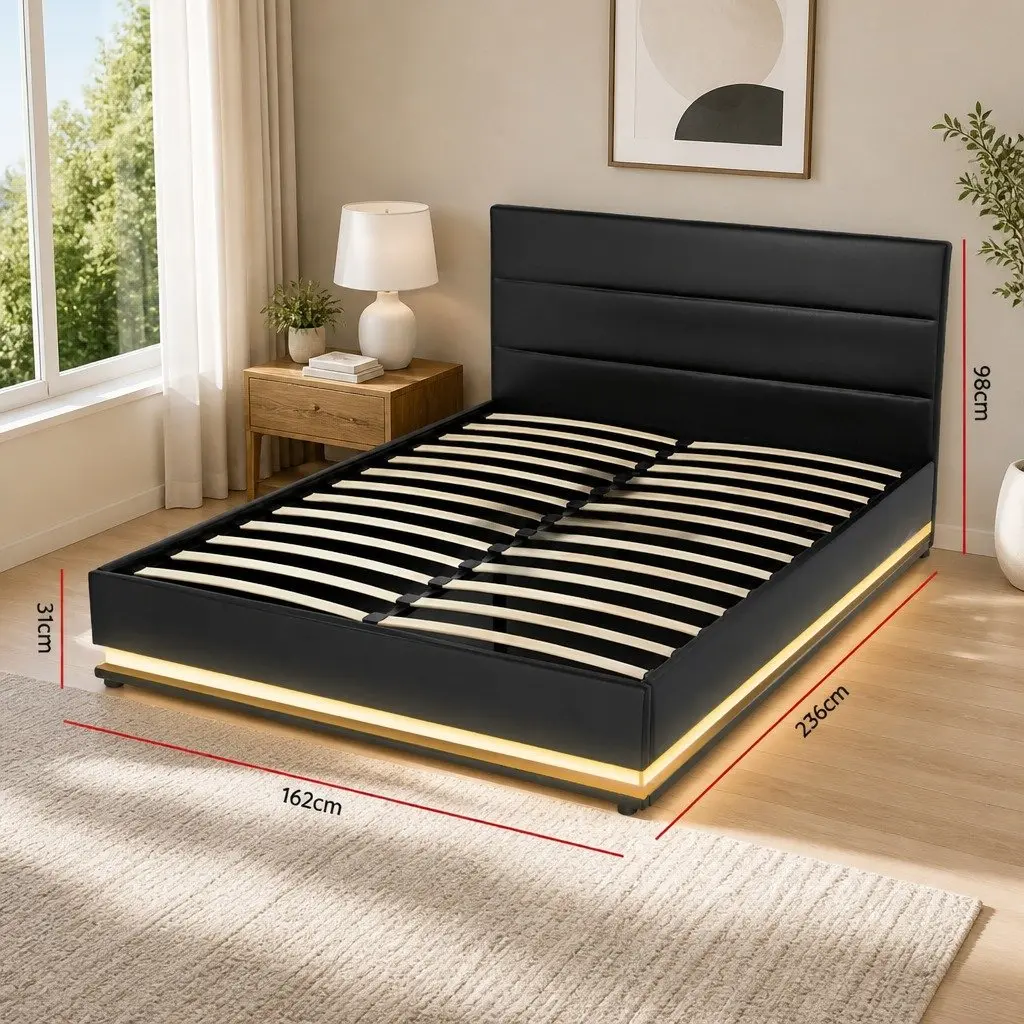 Queen Size Bed Frame Gas Lift Storage LED Lights Black Upholstered