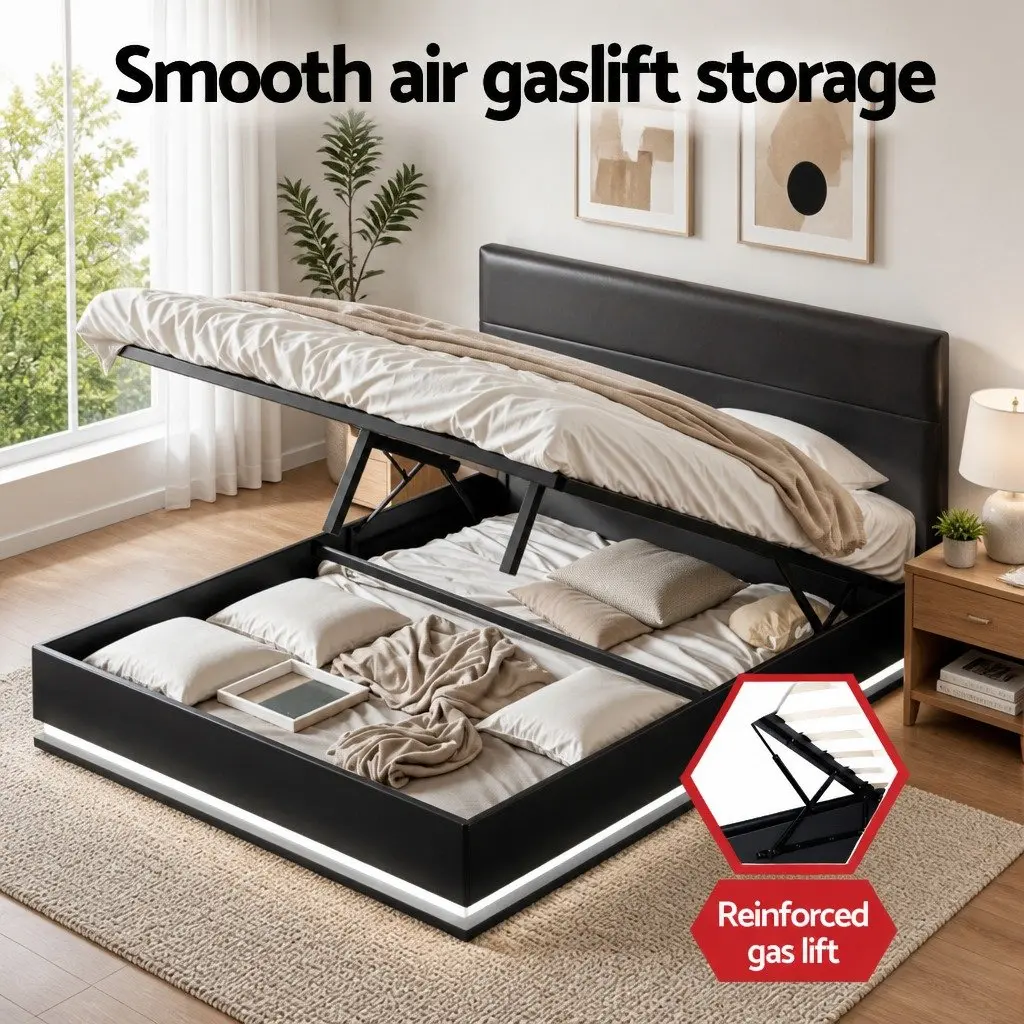 Queen Size Bed Frame Gas Lift Storage LED Lights Black Upholstered