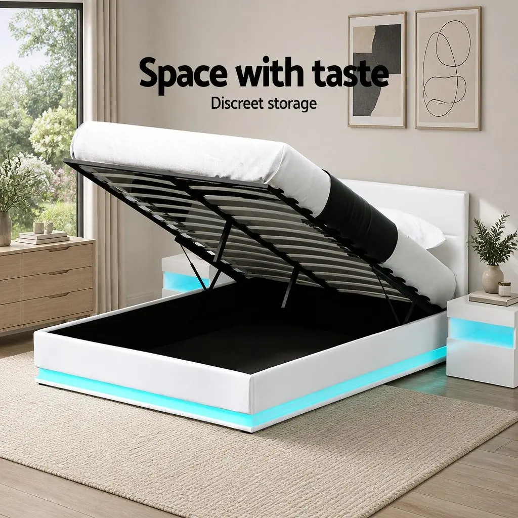 Queen Size Gas Lift Bed Frame with LED Lights White Upholstered Storage Furniture