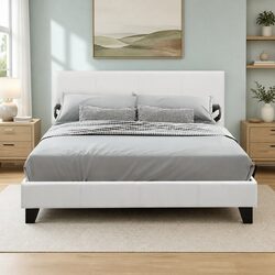 Double Bed Frame White Upholstered Padded Wooden Slat Base Heavy Duty