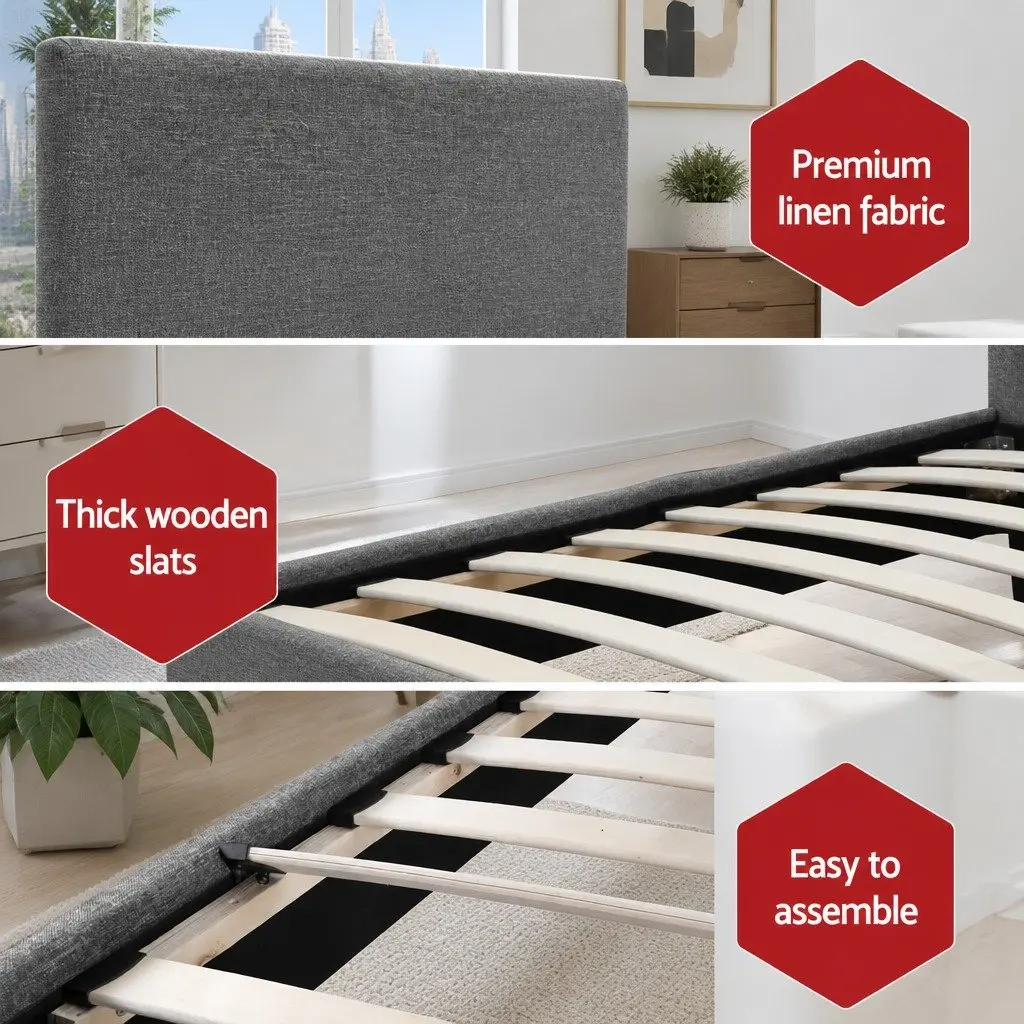 King Single Bed Frame Grey Upholstered Solid Wood Slat Base Metal Connectors