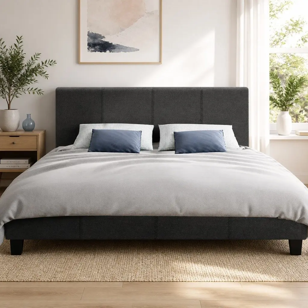 Queen Bed Frame Charcoal Upholstered Padded Wooden Slat Base Modern
