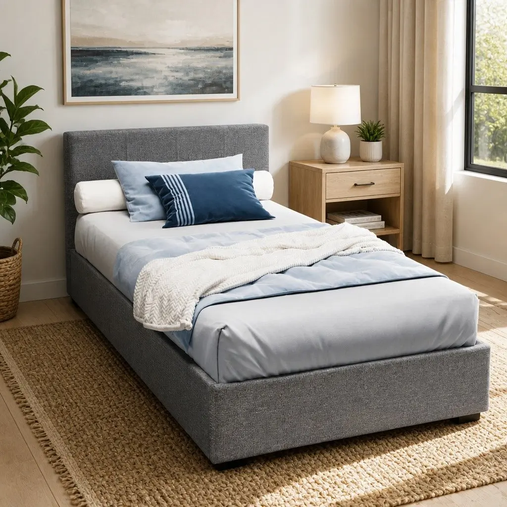 King Single Bed Frame Gas Lift Storage Grey Upholstered Padded Headboard