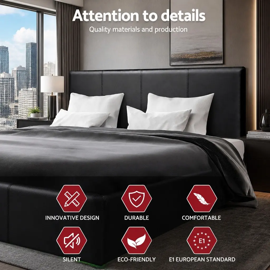 Queen Size Gas Lift Storage Bed Frame Black Upholstered Headboard Modern Bedroom