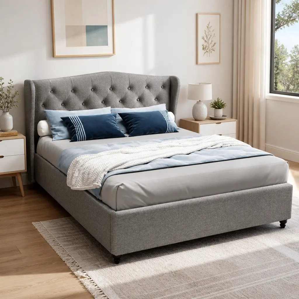 Double Bed Frame Grey Upholstered Headboard Steel Frame Wooden Slat Base