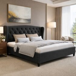 King Size Bed Frame Charcoal Upholstered Wing Headboard Sturdy Steel