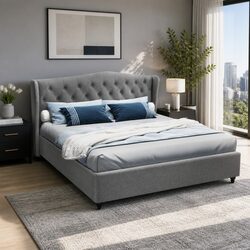 King Size Bed Frame Grey Upholstered Headboard Steel Frame Wooden Slat Base