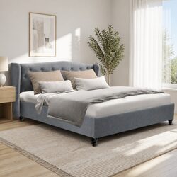 Queen Size Bed Frame Grey Upholstered Wing Headboard Tufted Padded Linen Bedroom