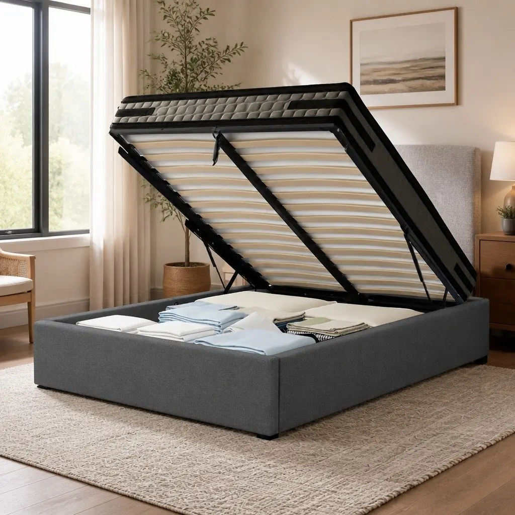 King Single Bed Frame Gas Lift Storage 36cm Mattress Set Grey