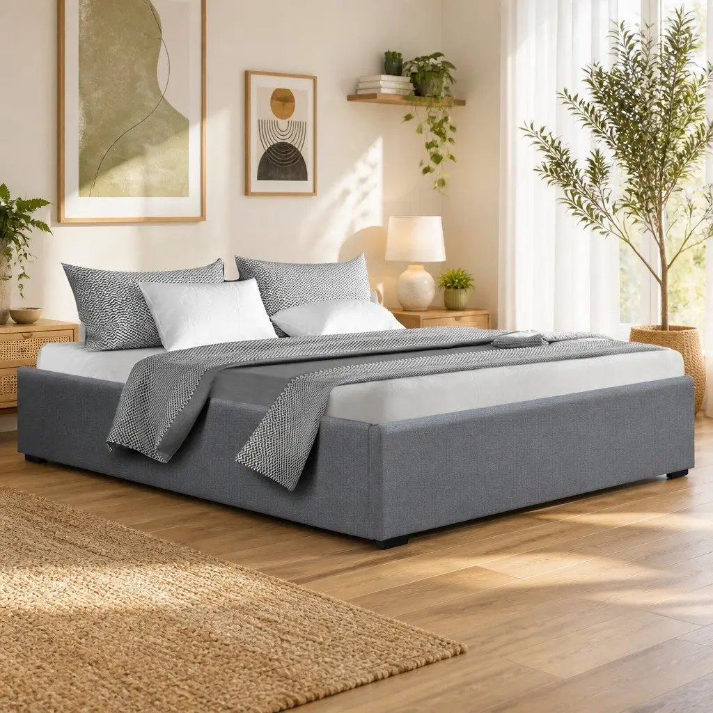 Queen Size Gas Lift Bed Frame with Storage Grey Linen Fabric Upholstered Reinforced Steel Structure