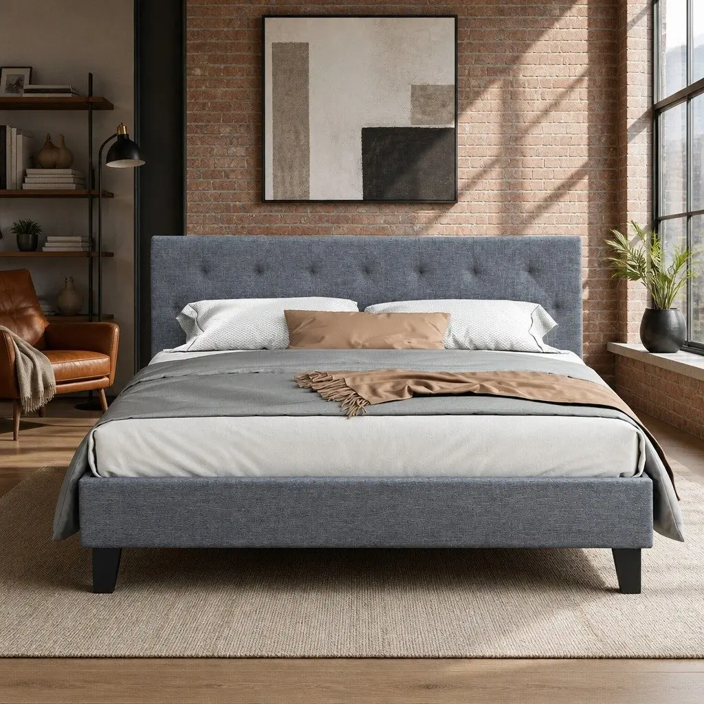 Queen Size Bed Frame Upholstered Padded Headboard Grey Wooden Slat Base