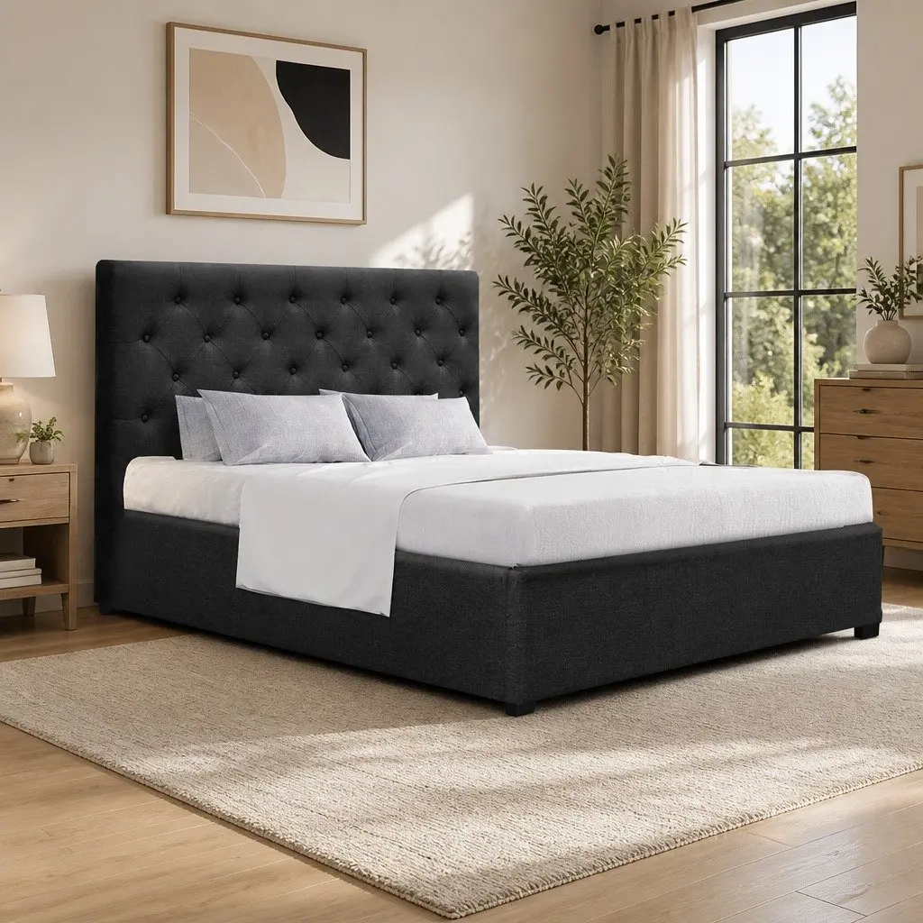 Double Gas Lift Bed Frame with Storage Charcoal Tufted Headboard Wooden