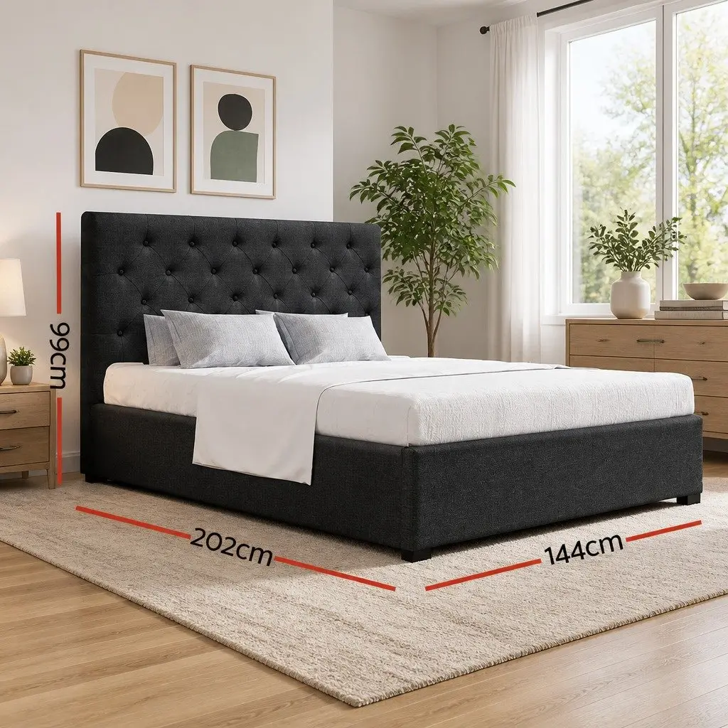 Double Gas Lift Bed Frame with Storage Charcoal Tufted Headboard Wooden