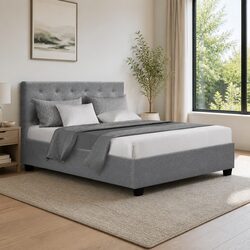 Double Size Gas Lift Bed Frame Grey Upholstered Storage Base Wooden Slat