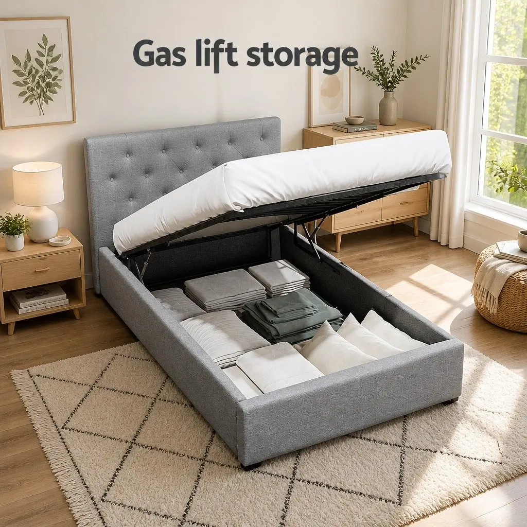 King Single Bed Frame Gas Lift Storage Grey Tufted Headboard Wooden Slat Base