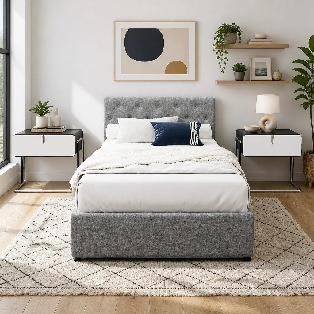 King Single Bed Frame Gas Lift Storage Grey Tufted Headboard Wooden Slat Base