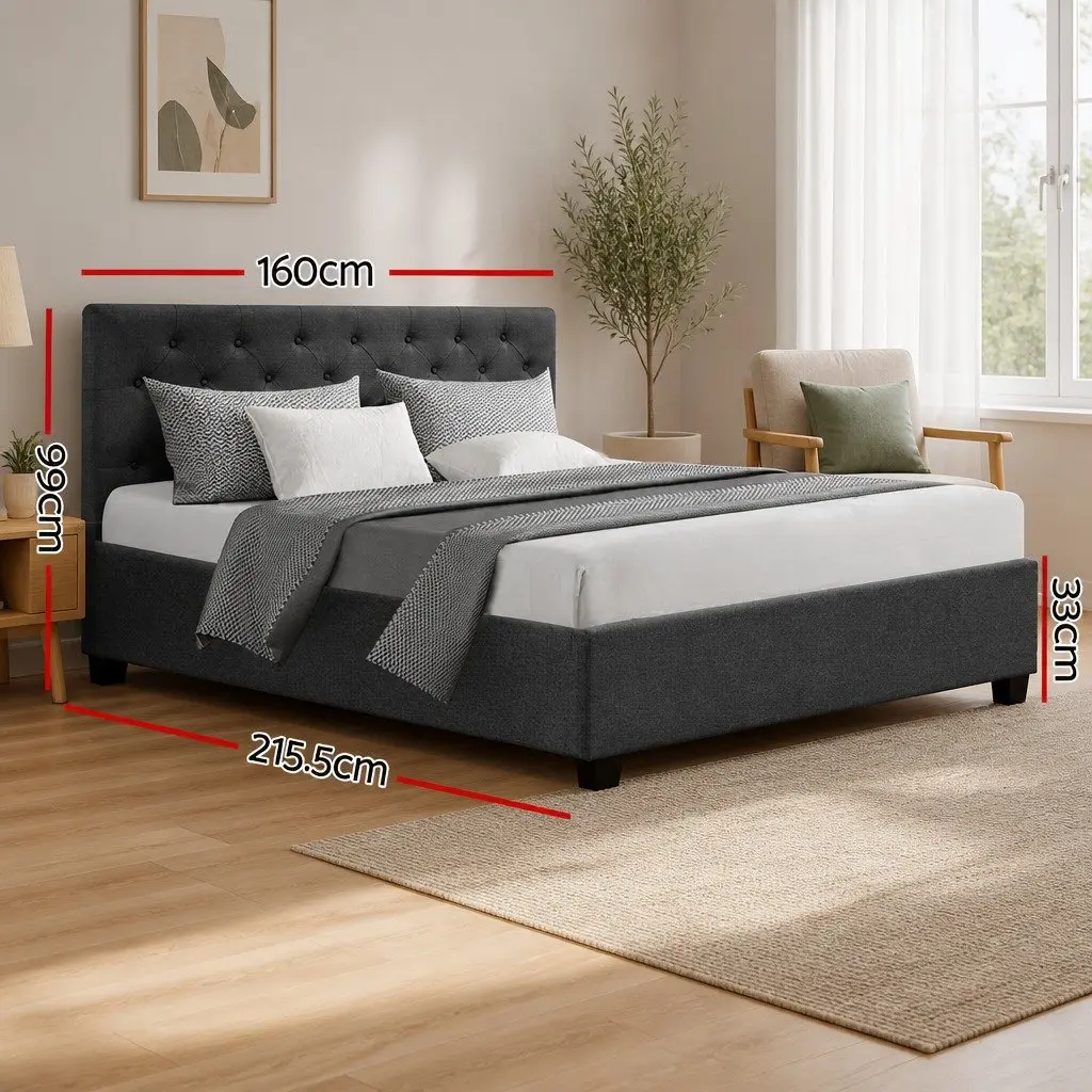 Queen Size Bed Frame Gas Lift Storage Charcoal Tufted Headboard Wooden Slat