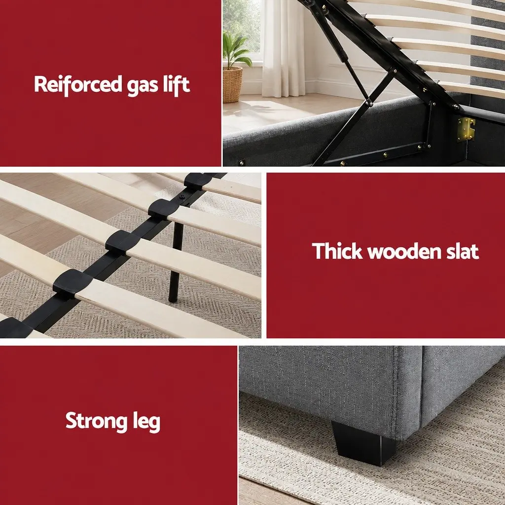 Queen Size Bed Frame Gas Lift Storage Upholstered Grey