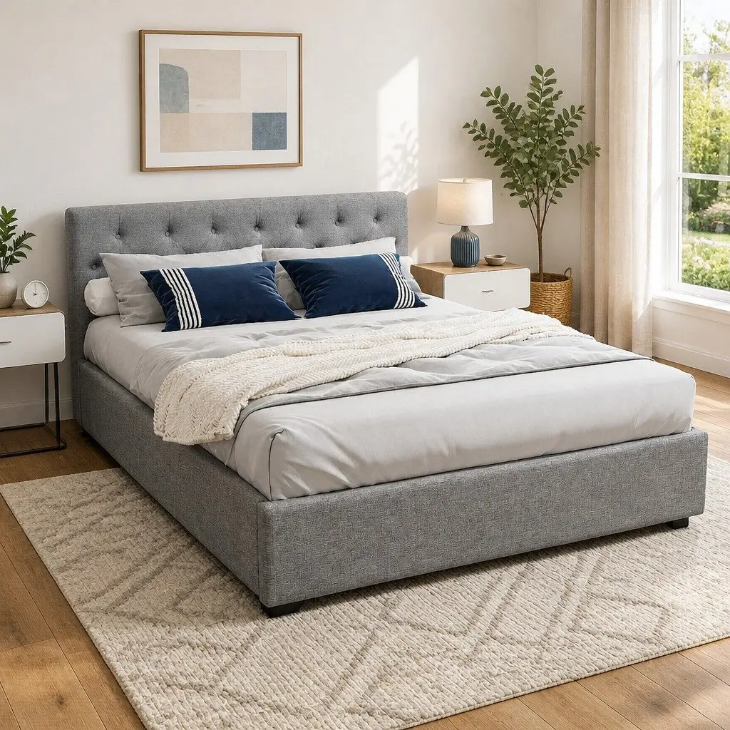 Queen Size Bed Frame Gas Lift Storage Upholstered Grey