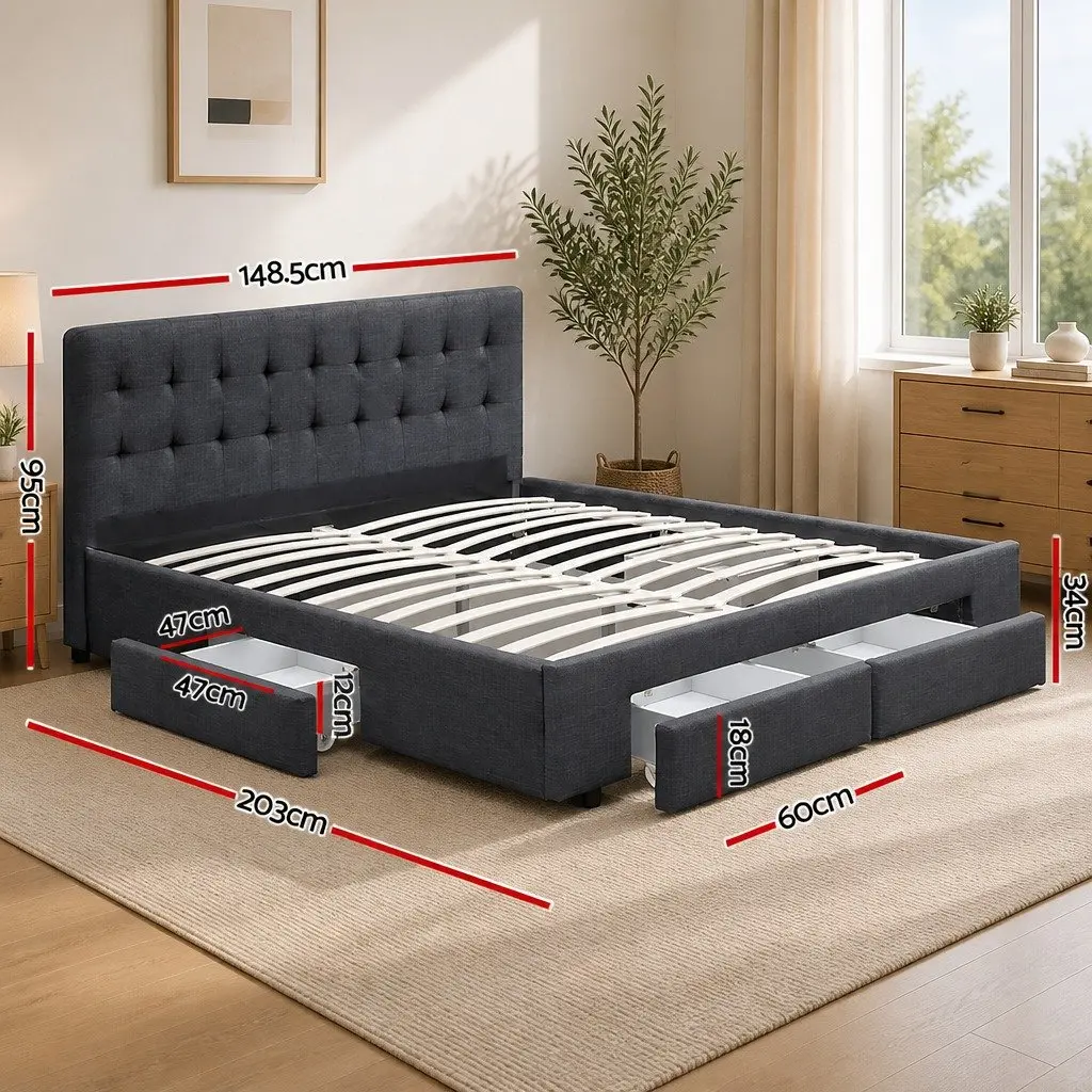 Double Bed Frame with Padded Upholstered Headboard and 4 Storage Drawers Grey