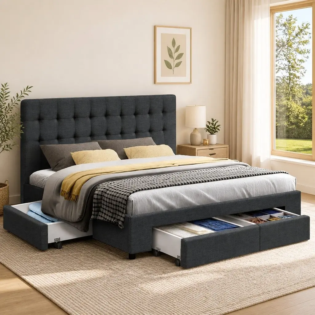 Double Bed Frame with Padded Upholstered Headboard and 4 Storage Drawers Grey