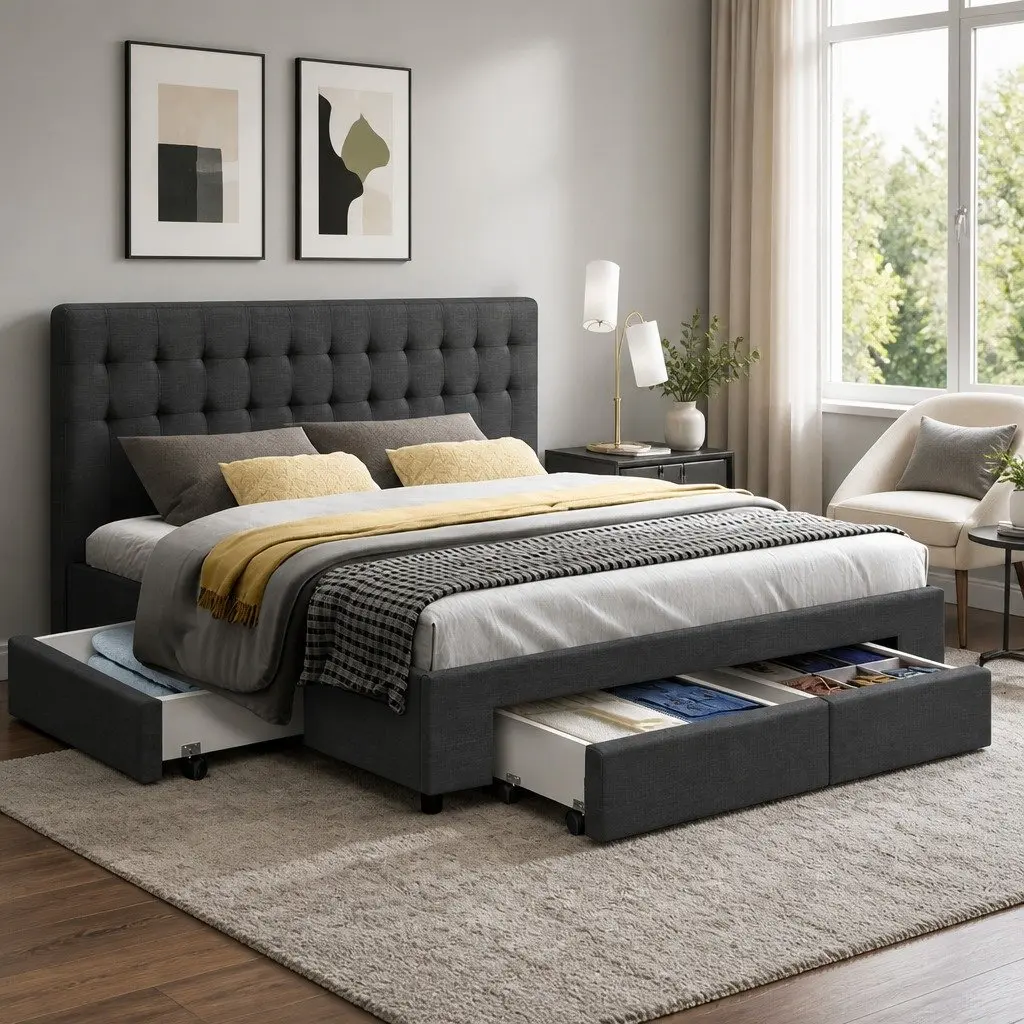 King Size Bed Frame with 4 Storage Drawers Charcoal Grey Upholstered Platform
