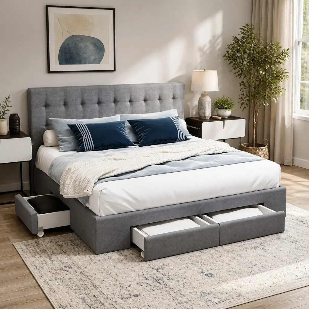 Queen Size Bed Frame with Tufted Headboard and 4 Storage Drawers Grey Faux Linen