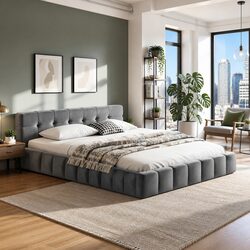 Double Size Bed Frame Grey Plush Velvet Headboard Modern Platform Base Bedroom