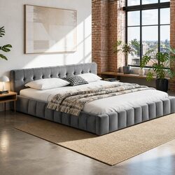 King Size Bed Frame Grey Plush Velvet Headboard Modern Platform Base Bedroom