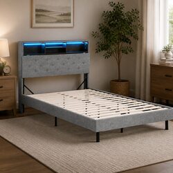 King Single Bed Frame with RGB LED Lights Storage Headboard Platform Slats