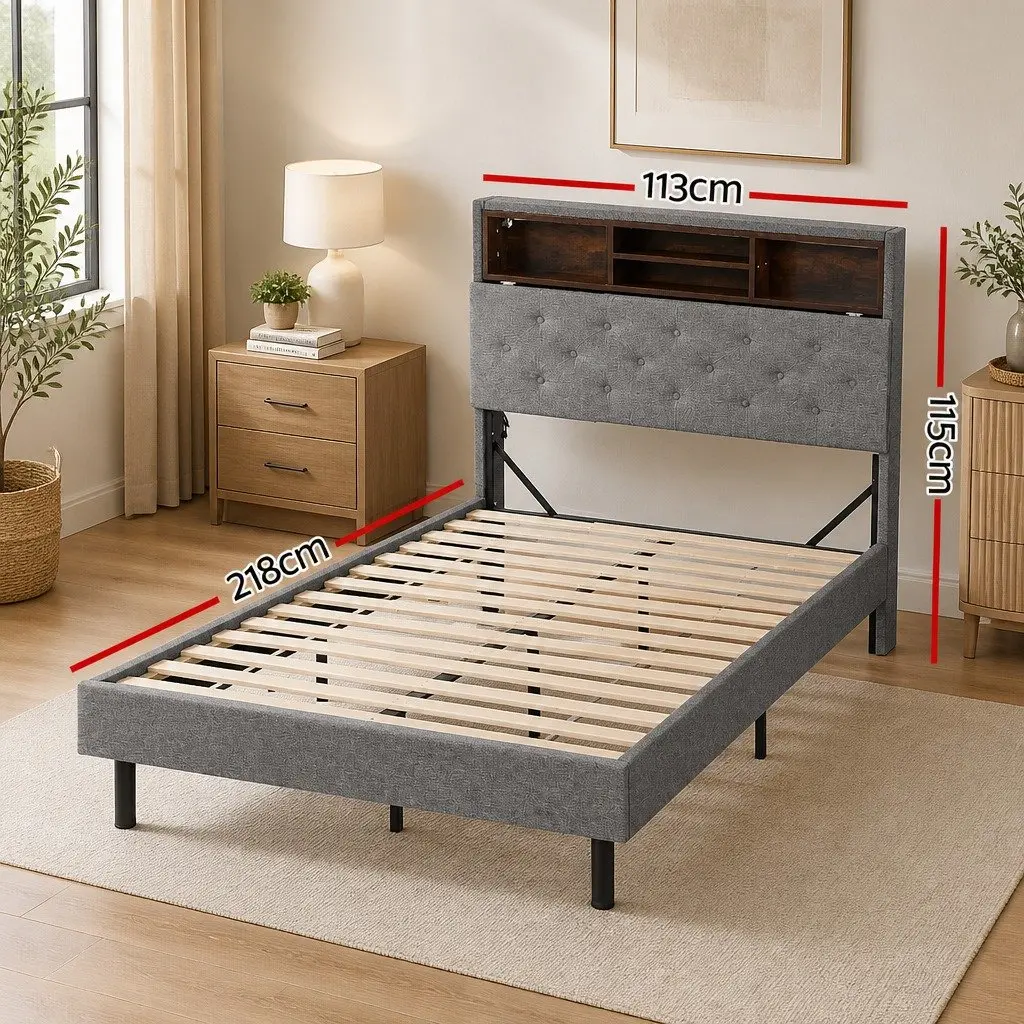 King Single Bed Frame with RGB LED Lights Storage Headboard Grey Faux Linen