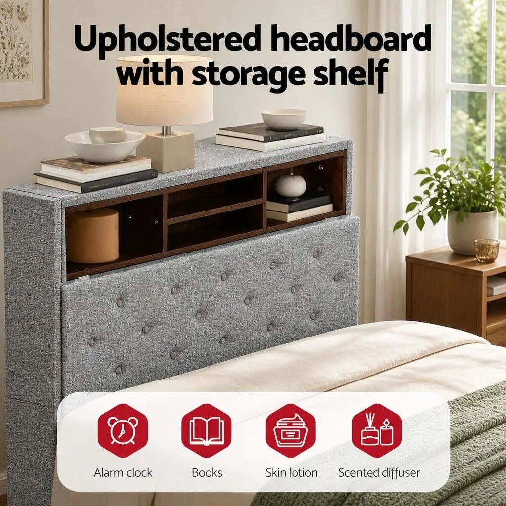 King Single Bed Frame with RGB LED Lights Storage Headboard Grey Faux Linen