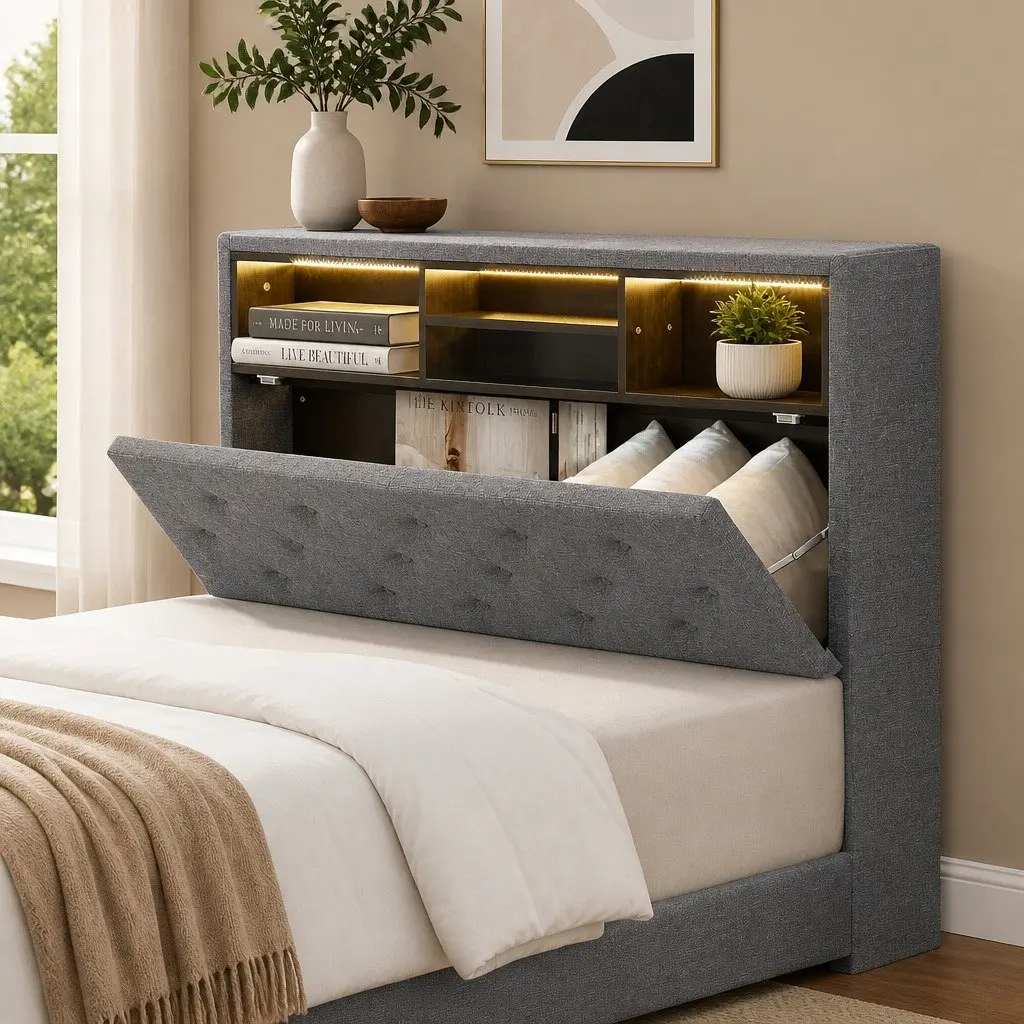 King Single Bed Frame with RGB LED Lights Storage Headboard Grey Faux Linen