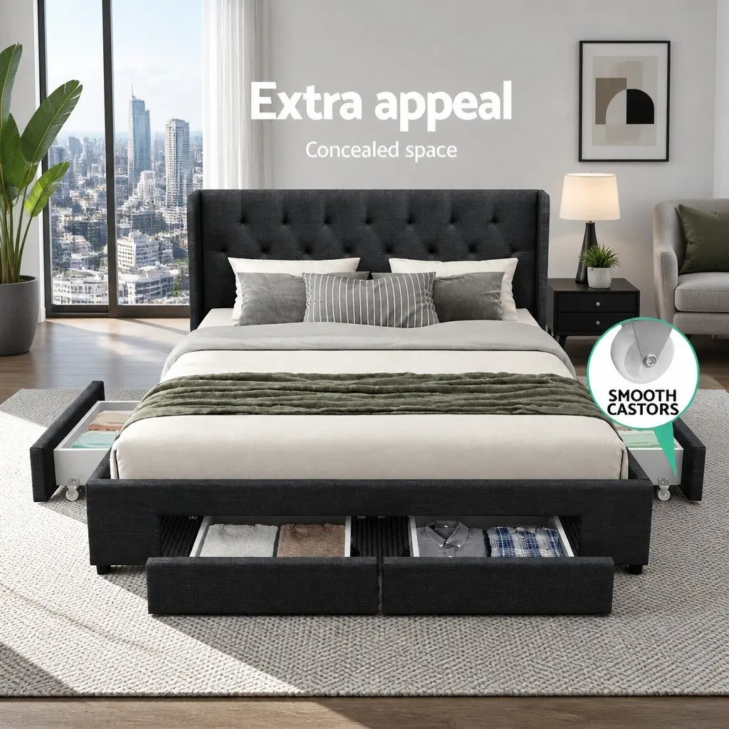 King Size Bed Frame with 4 Storage Drawers Padded Upholstered Charcoal