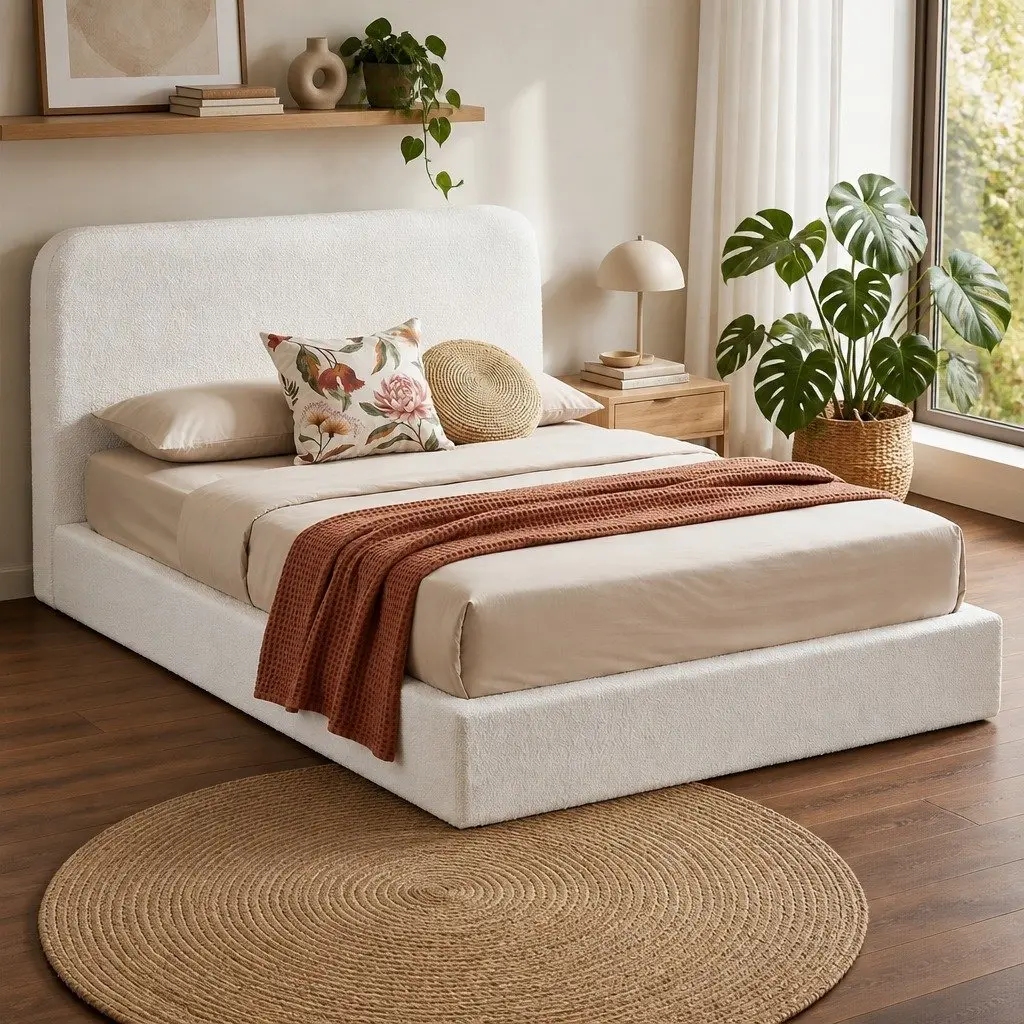 Queen Bed Frame Boucle Fabric Vacuum Compressed No-Assembly Washable Cover White