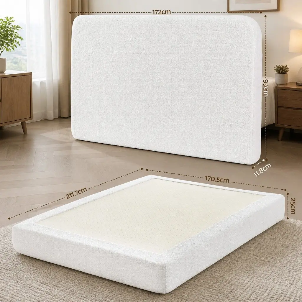 Queen Bed Frame Boucle Fabric Vacuum Compressed No-Assembly Washable Cover White
