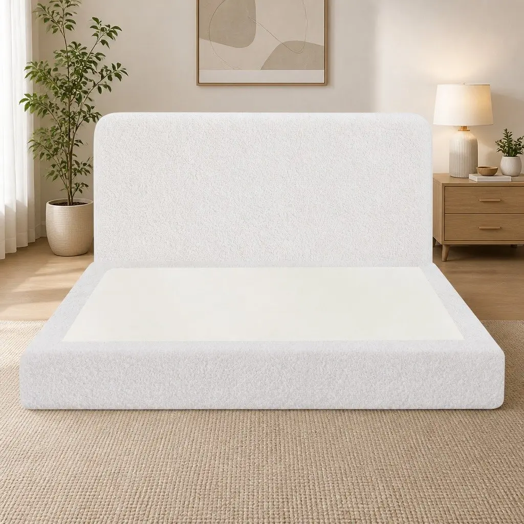 Queen Bed Frame Boucle Fabric Vacuum Compressed No-Assembly Washable Cover White