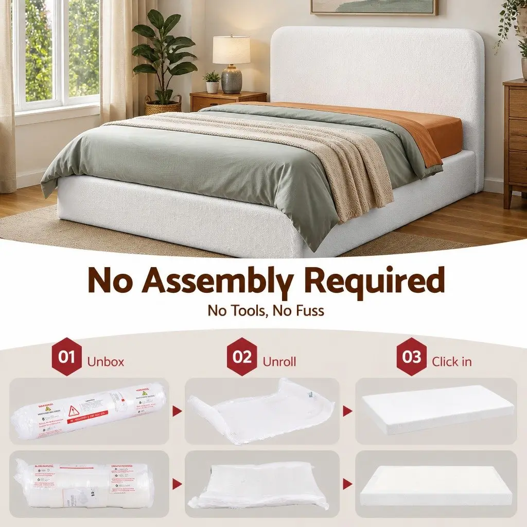 Queen Bed Frame Boucle Fabric Vacuum Compressed No-Assembly Washable Cover White
