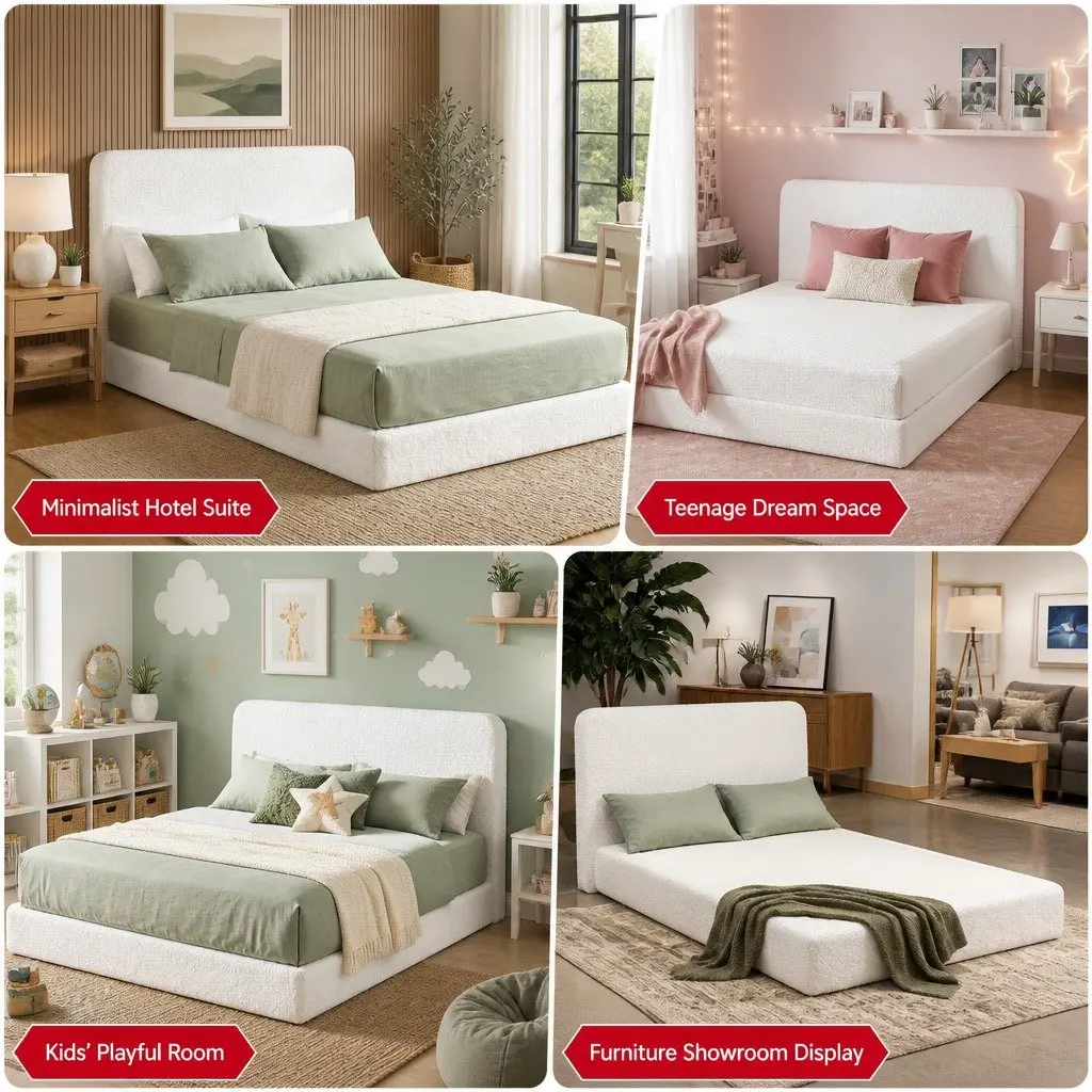 Queen Bed Frame Boucle Fabric Vacuum Compressed No-Assembly Washable Cover White
