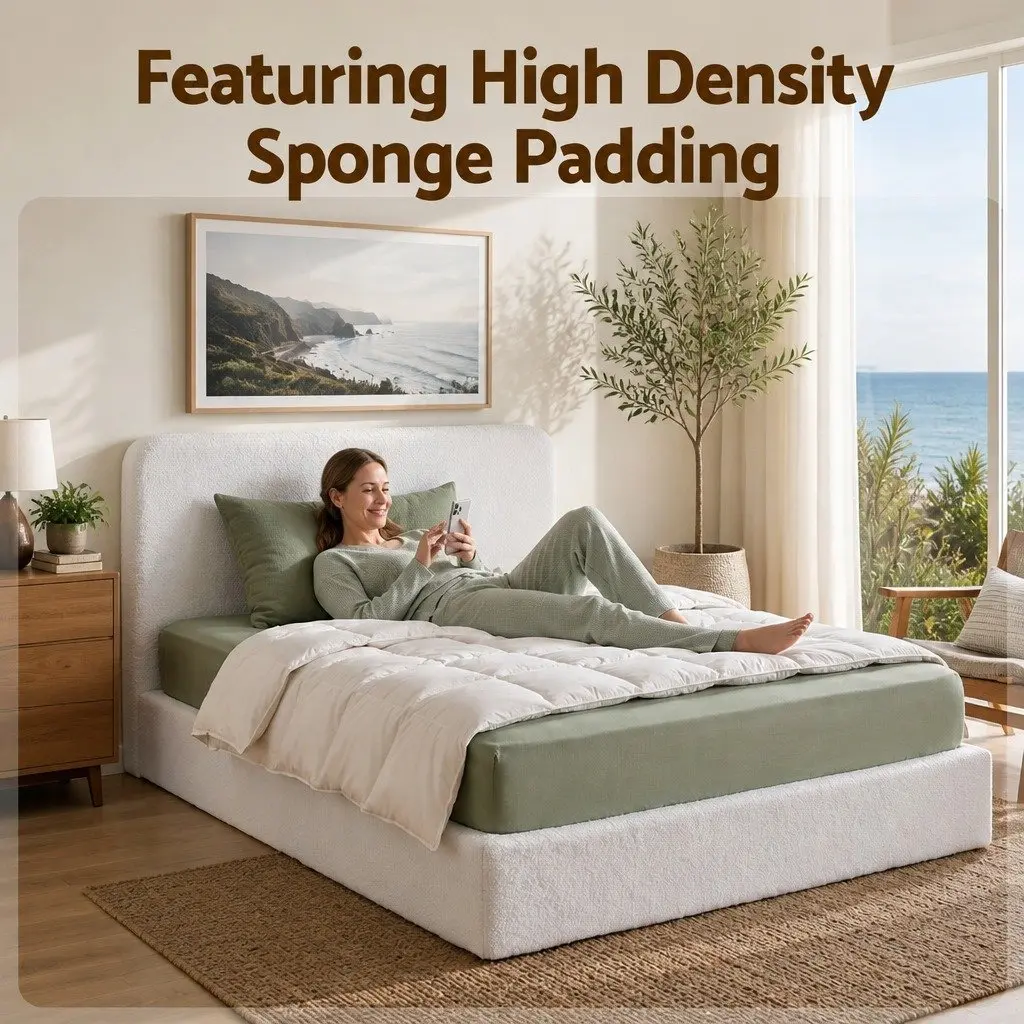 Queen Bed Frame Boucle Fabric Vacuum Compressed No-Assembly Washable Cover White