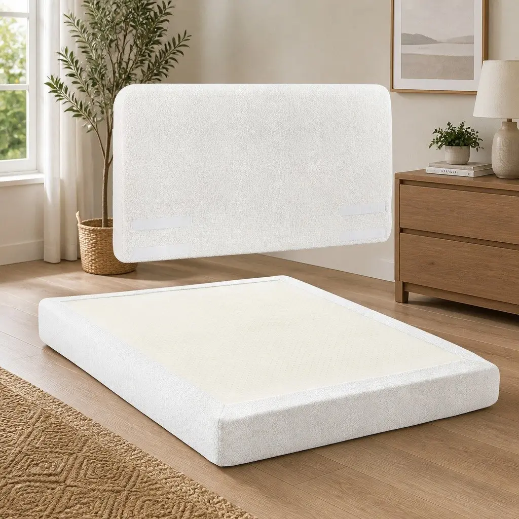 Queen Bed Frame Boucle Fabric Vacuum Compressed No-Assembly Washable Cover White