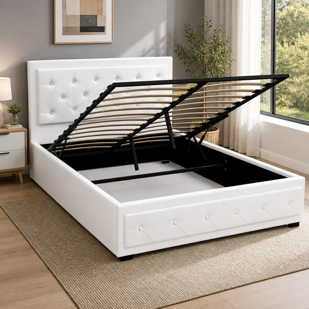 Double Gas Lift Bed Frame Upholstered Storage Ottoman White 202cm L x 144cm W x 99cm H